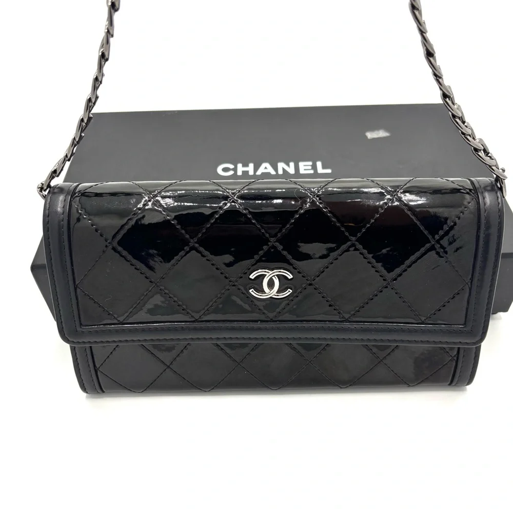 CHANEL Black Quilted Patent‎ Leather Wallet with Elegant Silver Accents